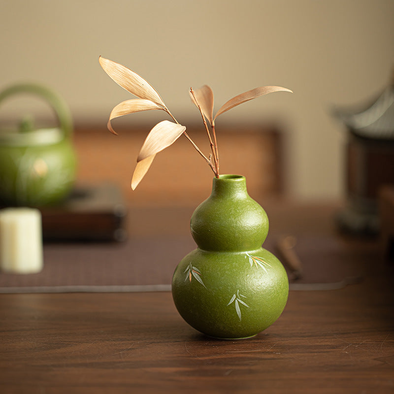 Handcrafted Matcha Green Raised-Glaze Bamboo & Gourd Porcelain Vase & Brush Holder - 16cm Teaware Accessories