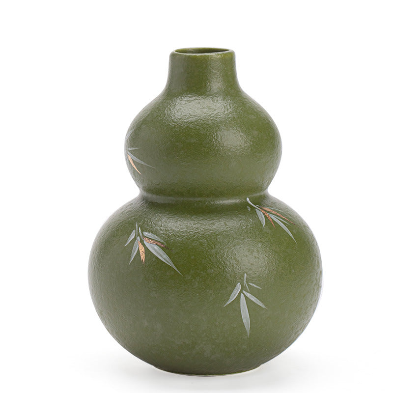 Handcrafted Matcha Green Raised-Glaze Bamboo & Gourd Porcelain Vase & Brush Holder - 16cm Teaware Accessories