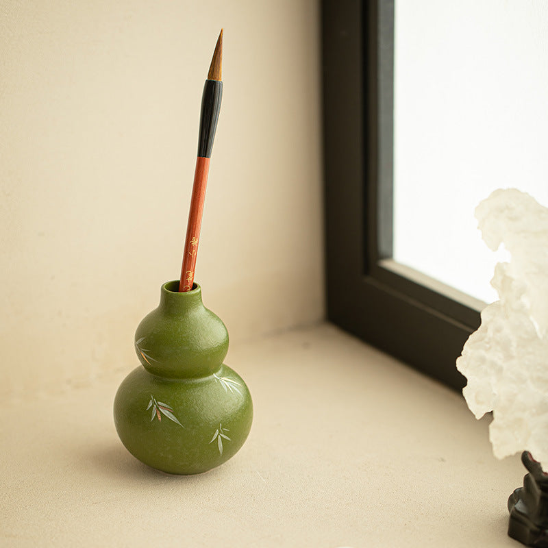 Handcrafted Matcha Green Raised-Glaze Bamboo & Gourd Porcelain Vase & Brush Holder - 16cm Teaware Accessories