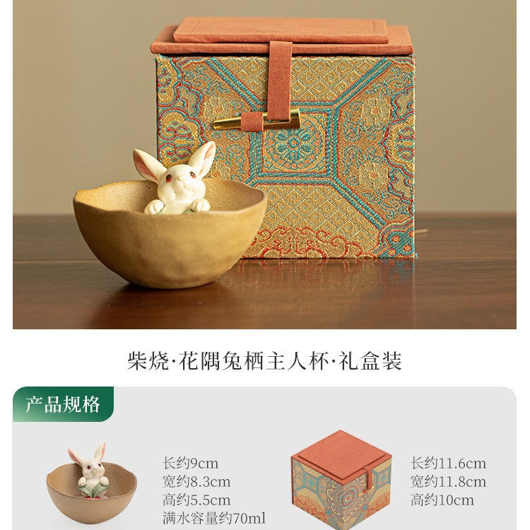 Authentic Jingdezhen Wood-Fired Chaishao Playful Moon Rabbit Coarse Stoneware Master Teacup - 85ml Gongfu Teacup