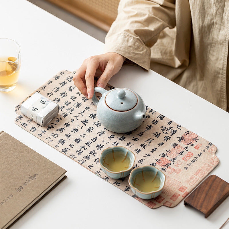 Neo-Chinese Reversible Waterproof Calligraphy Poetry Thickened Silk Brocade Tea Mat - 120cm Teaware Accessories