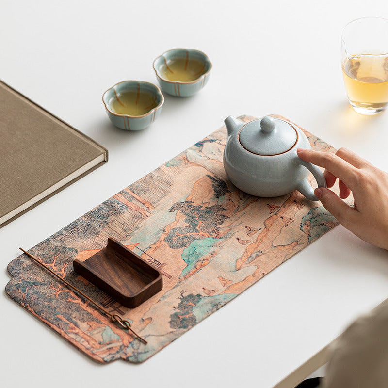 Neo-Chinese Reversible Waterproof Calligraphy Poetry Thickened Silk Brocade Tea Mat - 120cm Teaware Accessories