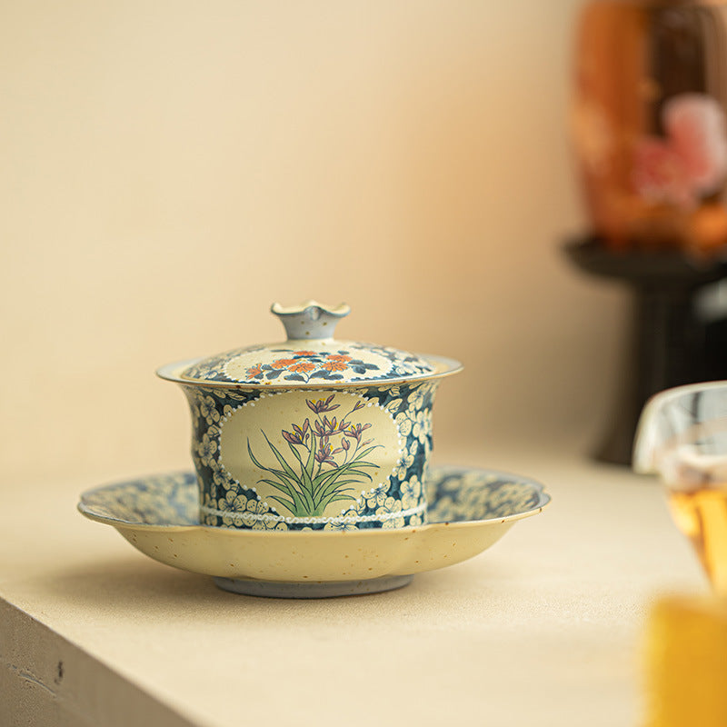 Authentic Jingdezhen Flint Red Blue & White Window-Medallion Sancai Gaiwan Tea Bowl - 160ml