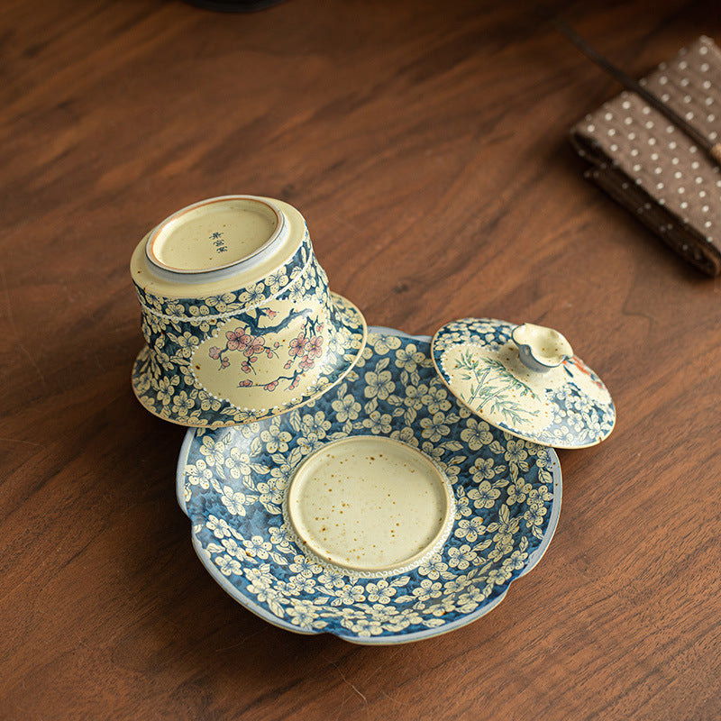 Authentic Jingdezhen Flint Red Blue & White Window-Medallion Sancai Gaiwan Tea Bowl - 160ml