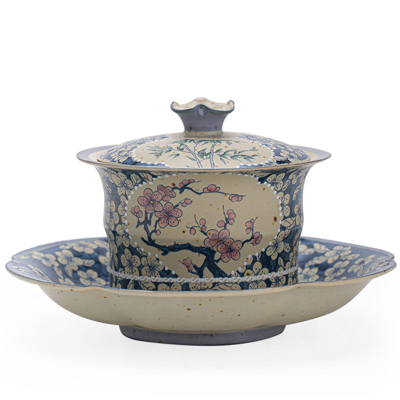 Authentic Jingdezhen Flint Red Blue & White Window-Medallion Sancai Gaiwan Tea Bowl - 160ml