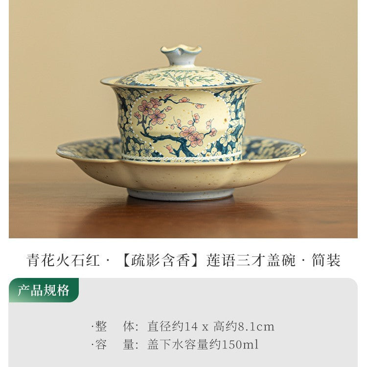Authentic Jingdezhen Flint Red Blue & White Window-Medallion Sancai Gaiwan Tea Bowl - 160ml