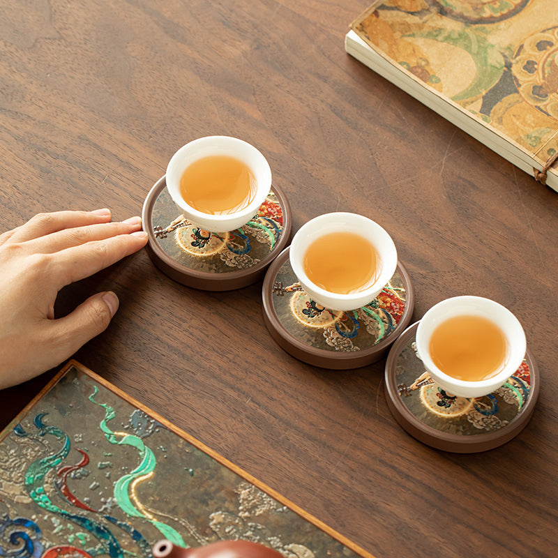 Handcrafted Dunhuang Flying Apsaras Pipa Lute Ceramic Teacup Coaster & Stand - 12cm Teaware Accessories
