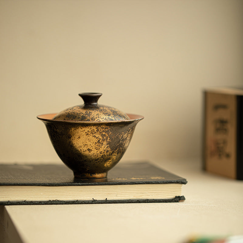 Authentic Jingdezhen Handcrafted Shino Ware 24K Gold-Gilded Two-Piece Gaiwan Tea Bowl - 160ml