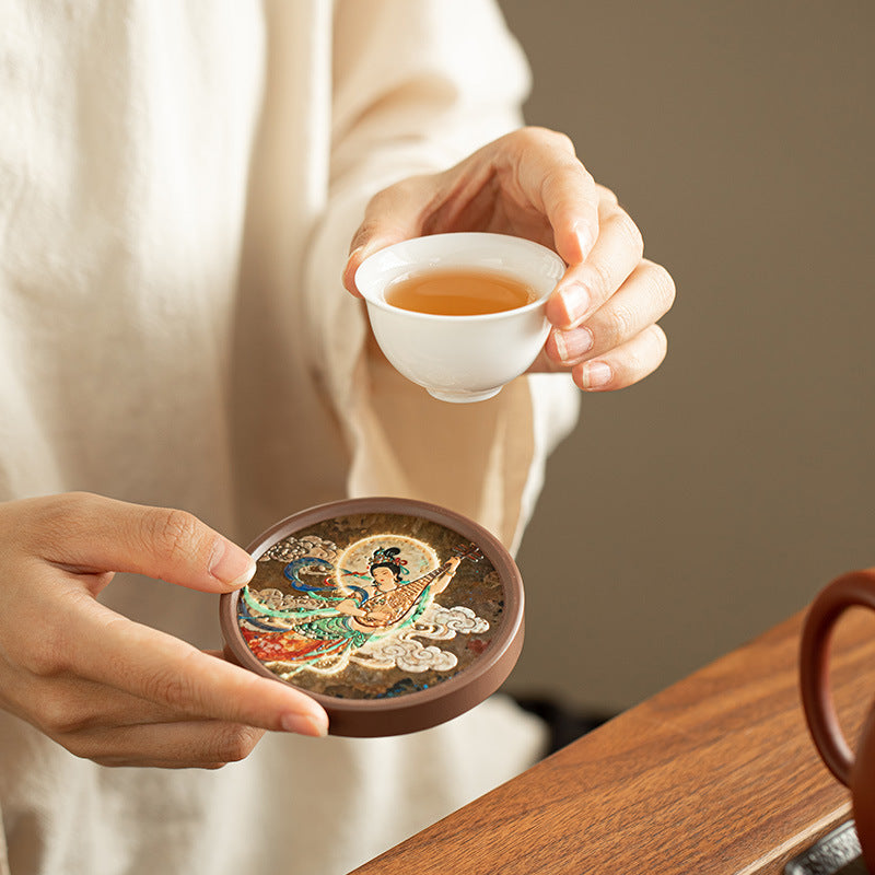 Handcrafted Dunhuang Flying Apsaras Pipa Lute Ceramic Teacup Coaster & Stand - 12cm Teaware Accessories