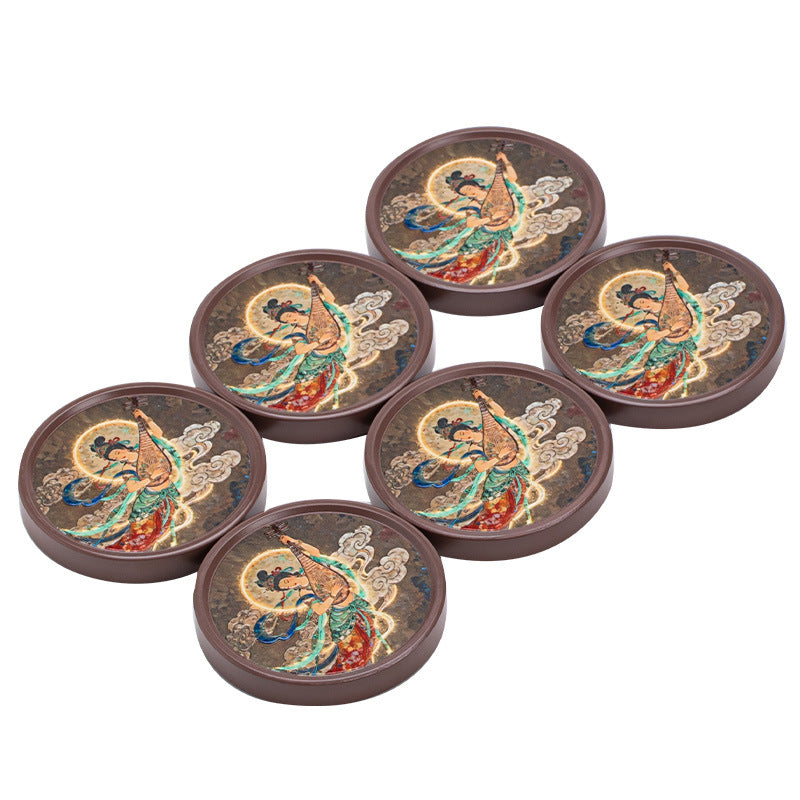 Handcrafted Dunhuang Flying Apsaras Pipa Lute Ceramic Teacup Coaster & Stand - 12cm Teaware Accessories