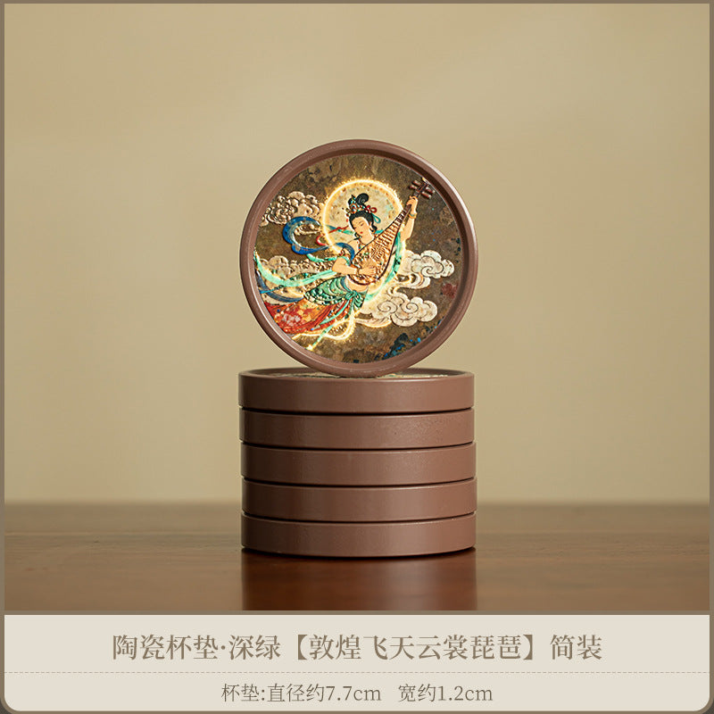 Handcrafted Dunhuang Flying Apsaras Pipa Lute Ceramic Teacup Coaster & Stand - 12cm Teaware Accessories