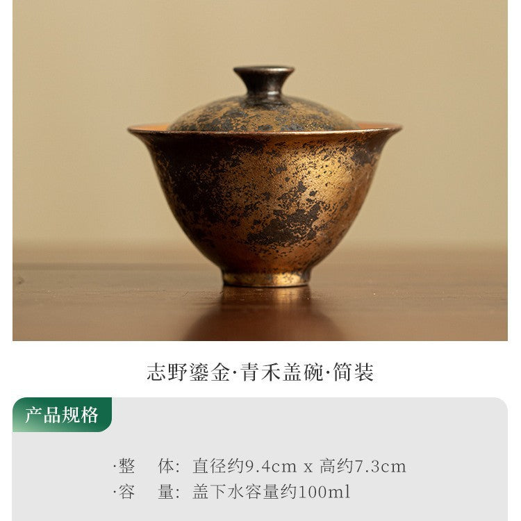 Authentic Jingdezhen Handcrafted Shino Ware 24K Gold-Gilded Two-Piece Gaiwan Tea Bowl - 160ml