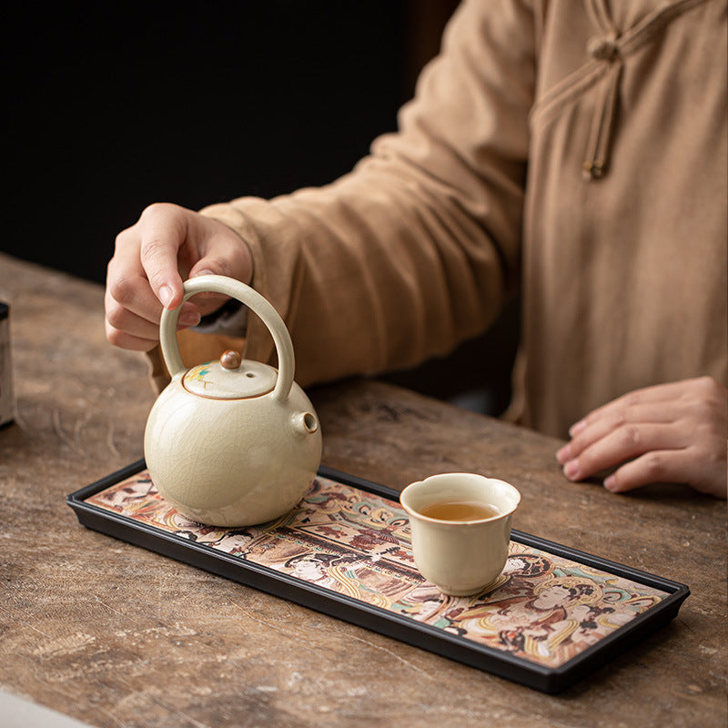 Dunhuang Fresco Motif Quick-Dry Absorbent Ceramic Water Storage Teaware Tray - 24cm Teaware Accessories
