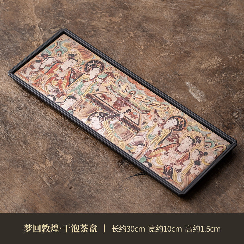 Dunhuang Fresco Motif Quick-Dry Absorbent Ceramic Water Storage Teaware Tray - 24cm Teaware Accessories