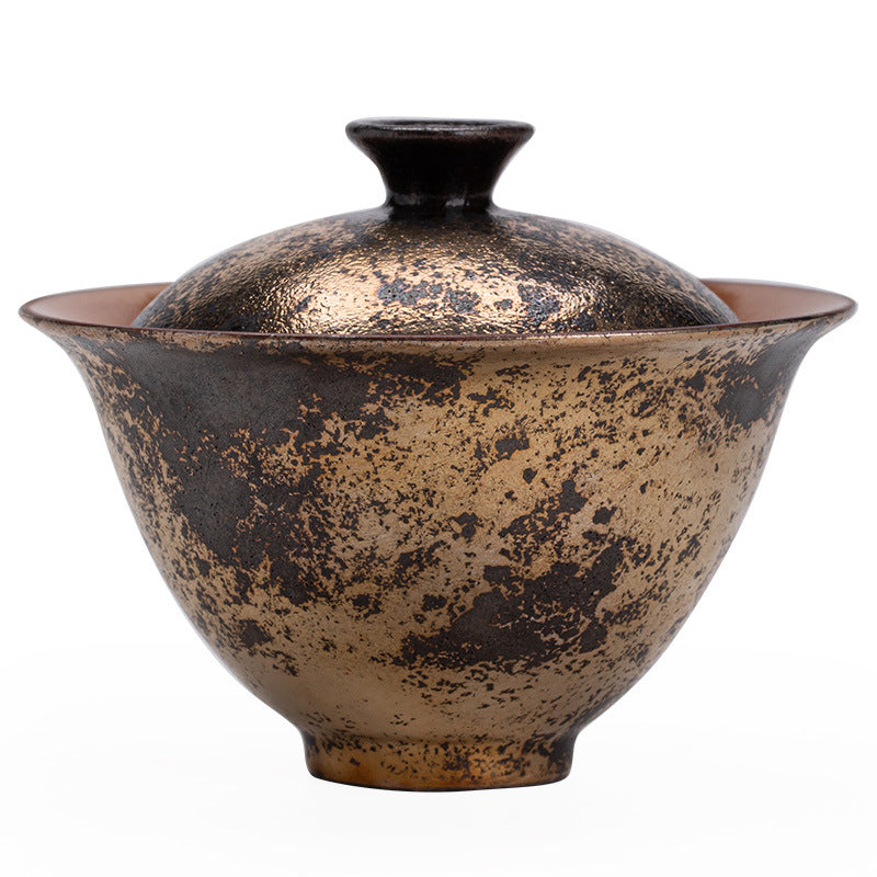 Authentic Jingdezhen Handcrafted Shino Ware 24K Gold-Gilded Two-Piece Gaiwan Tea Bowl - 160ml