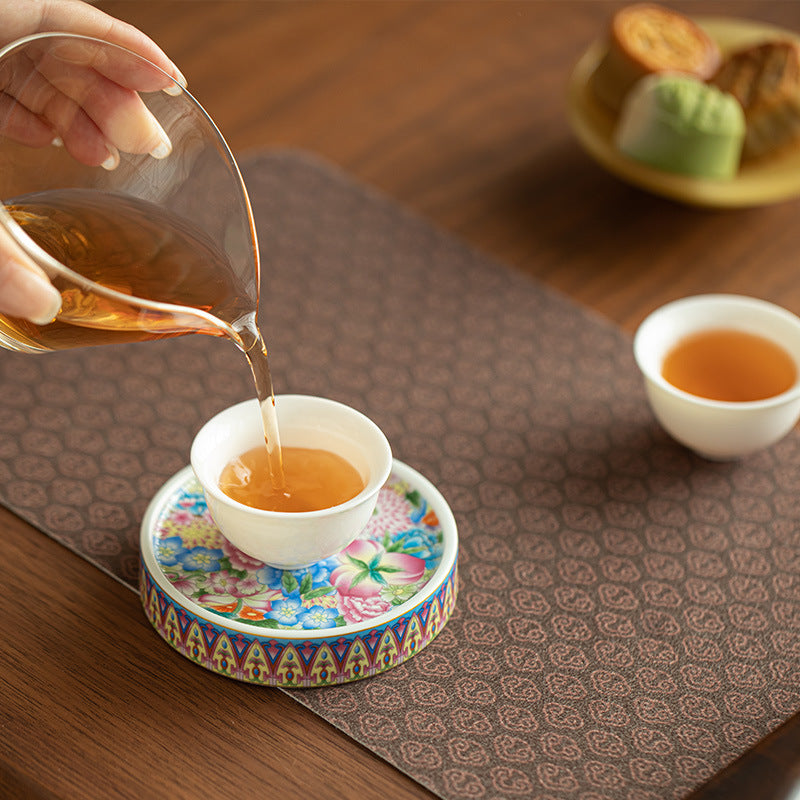 Authentic Jingdezhen Hand-Painted Enamel Blooming Garden Porcelain Lid Rest & Coaster - 8cm Teaware Accessories