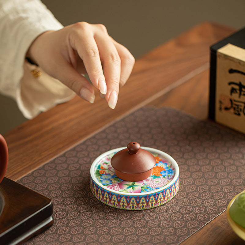 Authentic Jingdezhen Hand-Painted Enamel Blooming Garden Porcelain Lid Rest & Coaster - 8cm Teaware Accessories