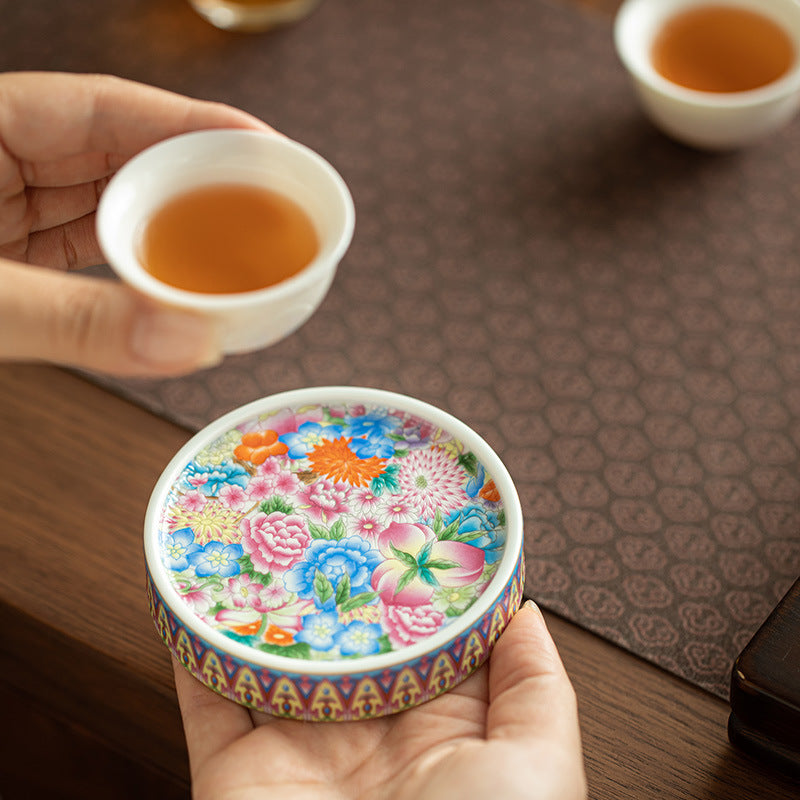 Authentic Jingdezhen Hand-Painted Enamel Blooming Garden Porcelain Lid Rest & Coaster - 8cm Teaware Accessories