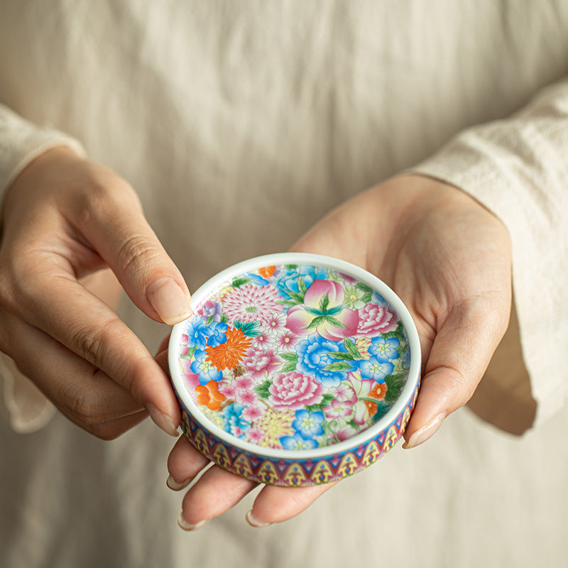 Authentic Jingdezhen Hand-Painted Enamel Blooming Garden Porcelain Lid Rest & Coaster - 8cm Teaware Accessories