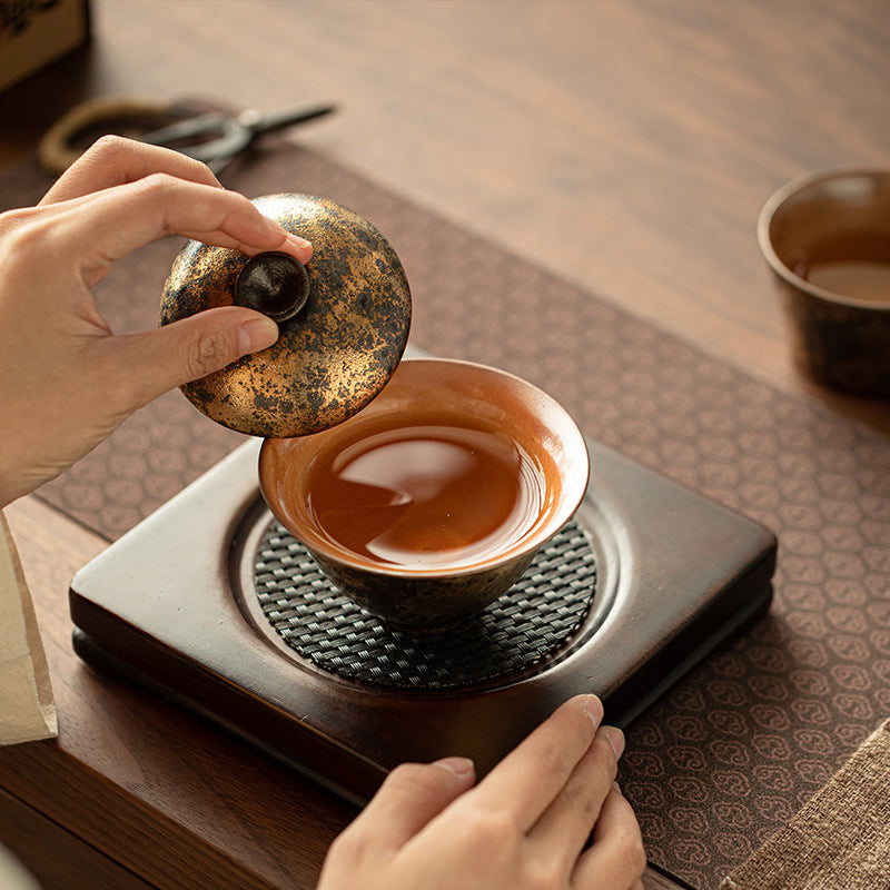 Authentic Jingdezhen Handcrafted Shino Ware 24K Gold-Gilded Two-Piece Gaiwan Tea Bowl - 160ml