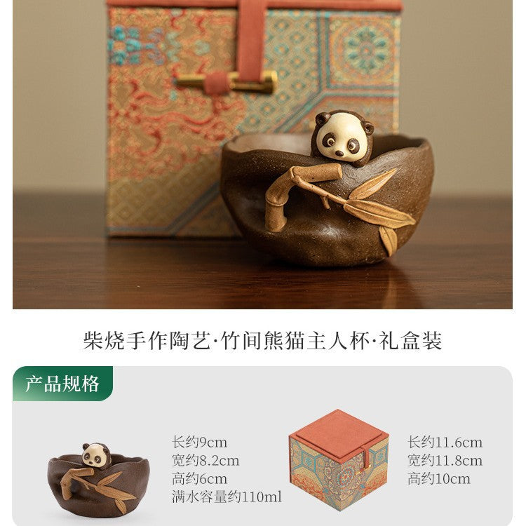 Authentic Jingdezhen Wood-Fired Chaishao Playful Panda Coarse Stoneware Master Teacup - 85ml Gongfu Teacup