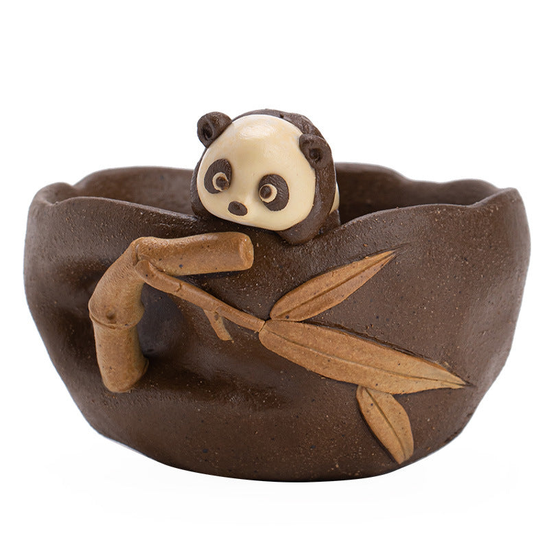 Authentic Jingdezhen Wood-Fired Chaishao Playful Panda Coarse Stoneware Master Teacup - 85ml Gongfu Teacup