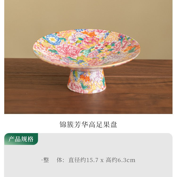 Authentic Jingdezhen Hand-Painted Enamel Myriad Flowers High-Foot Pedestal Teaware Tray & Fruit Plate - 20cm Teaware Accessories