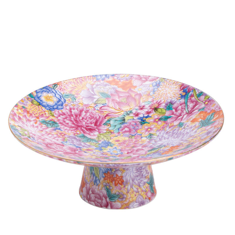Authentic Jingdezhen Hand-Painted Enamel Myriad Flowers High-Foot Pedestal Teaware Tray & Fruit Plate - 20cm Teaware Accessories