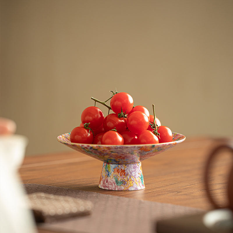 Authentic Jingdezhen Hand-Painted Enamel Myriad Flowers High-Foot Pedestal Teaware Tray & Fruit Plate - 20cm Teaware Accessories