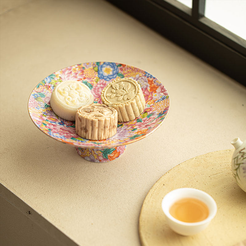 Authentic Jingdezhen Hand-Painted Enamel Myriad Flowers High-Foot Pedestal Teaware Tray & Fruit Plate - 20cm Teaware Accessories