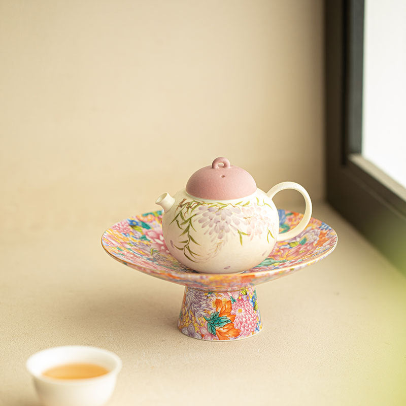 Authentic Jingdezhen Hand-Painted Enamel Myriad Flowers High-Foot Pedestal Teaware Tray & Fruit Plate - 20cm Teaware Accessories