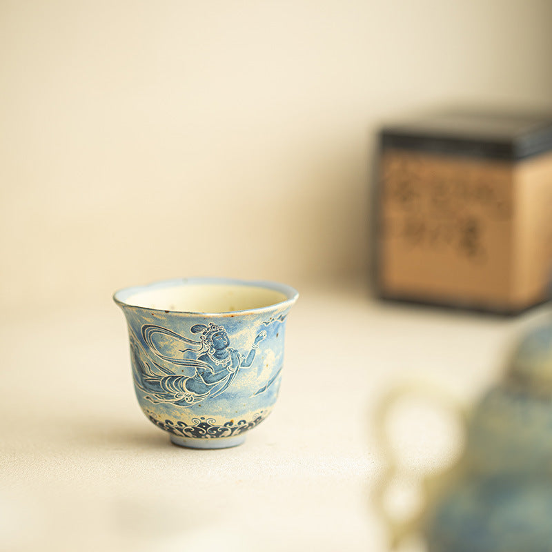 Authentic Jingdezhen Flint Red & Underglaze Blue & White Dunhuang Scalloped Master Teacup - 85ml Gongfu Teacup