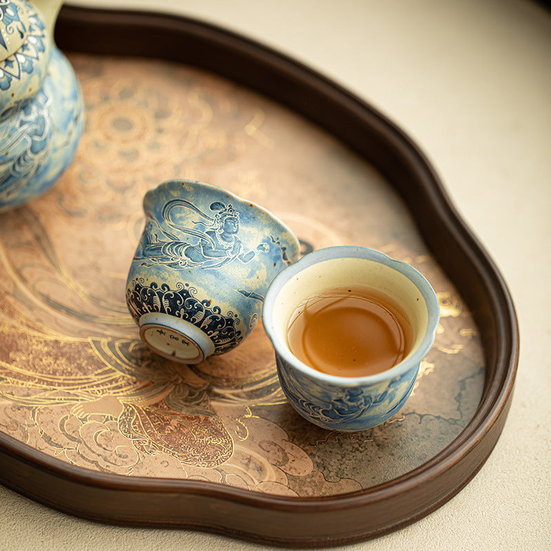 Authentic Jingdezhen Flint Red & Underglaze Blue & White Dunhuang Scalloped Master Teacup - 85ml Gongfu Teacup