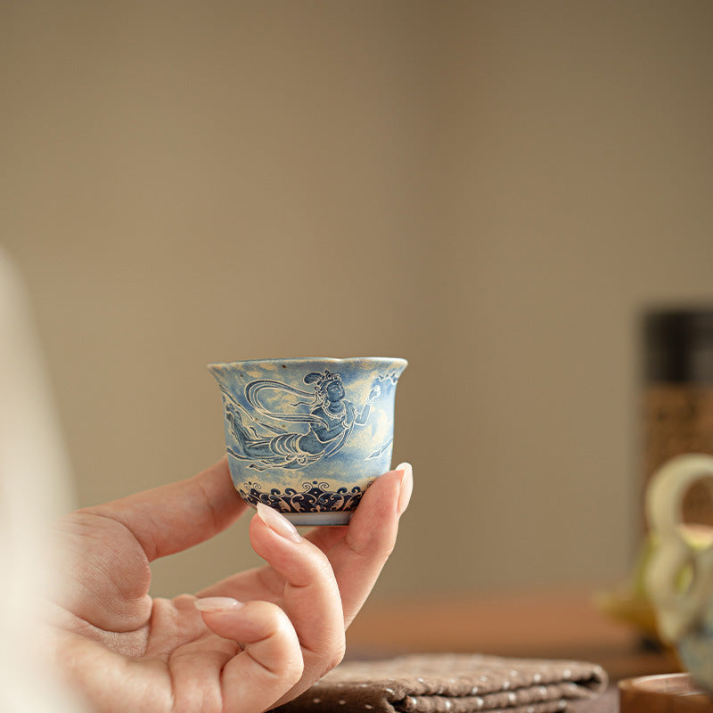 Authentic Jingdezhen Flint Red & Underglaze Blue & White Dunhuang Scalloped Master Teacup - 85ml Gongfu Teacup