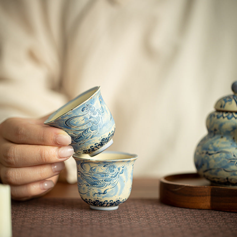 Authentic Jingdezhen Flint Red & Underglaze Blue & White Dunhuang Scalloped Master Teacup - 85ml Gongfu Teacup