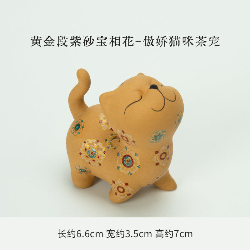 Authentic Golden Duan Clay Baoxiang Flora Sassy Kitten Ceramic Tea Pet - Desk & Tea Table Ornament
