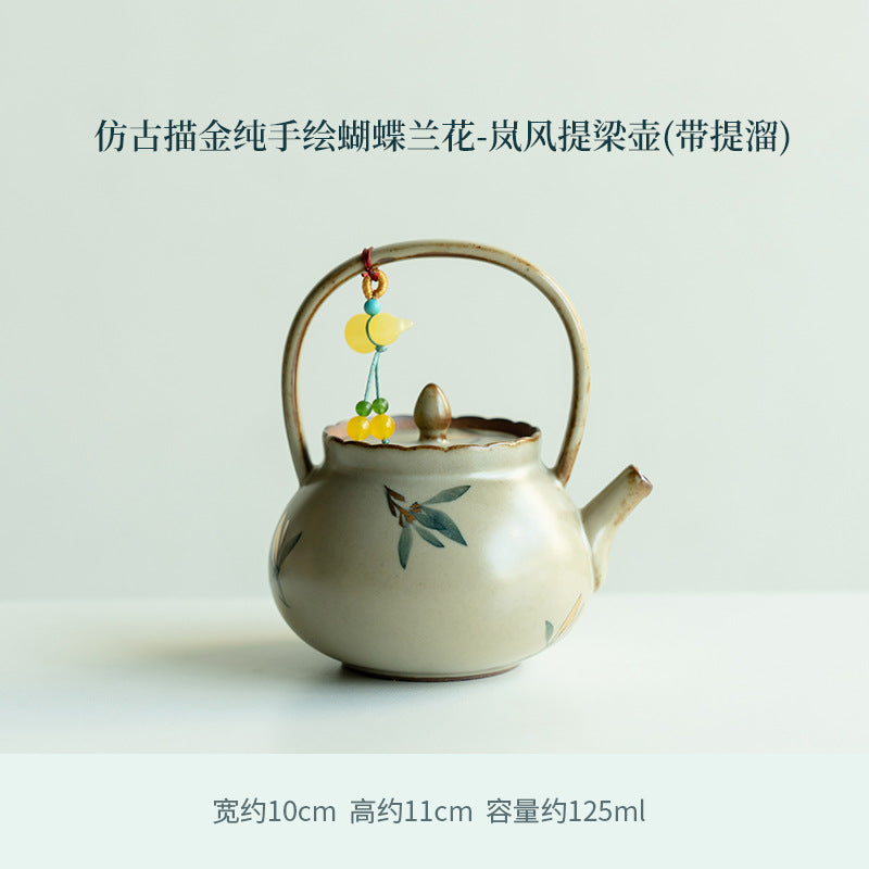 Authentic Antique Gilded Butterfly Orchid Lanfeng Beam-Handle Teapot - 240ml Gongfu Kettle
