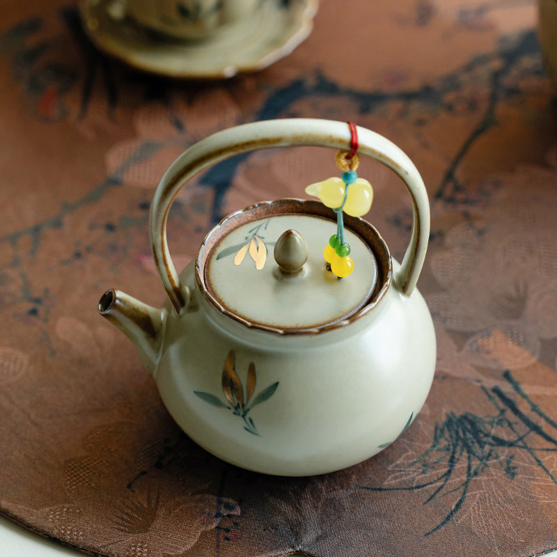 Authentic Antique Gilded Butterfly Orchid Lanfeng Beam-Handle Teapot - 240ml Gongfu Kettle