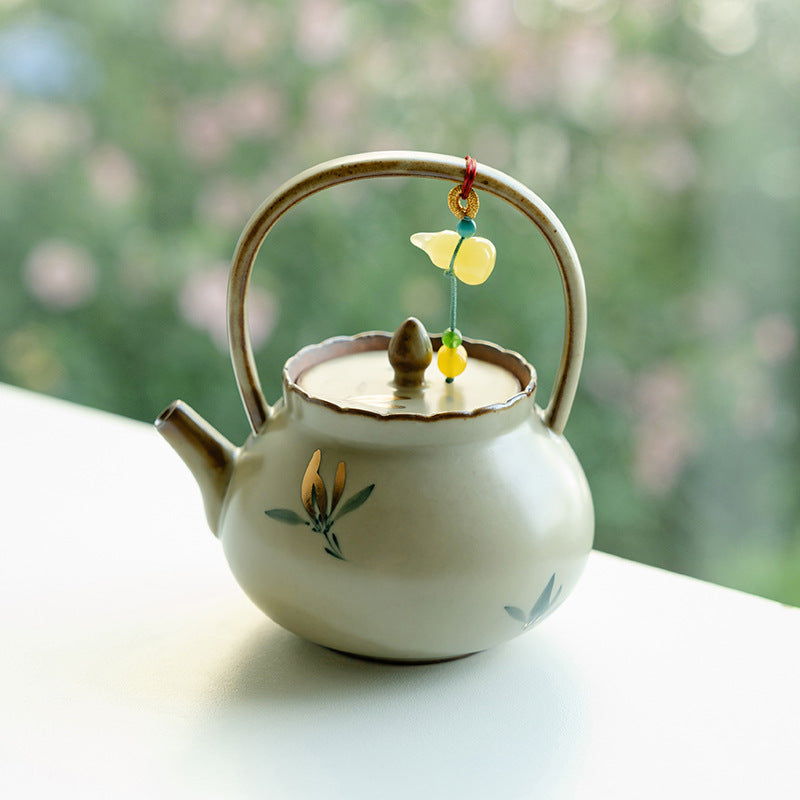 Authentic Antique Gilded Butterfly Orchid Lanfeng Beam-Handle Teapot - 240ml Gongfu Kettle