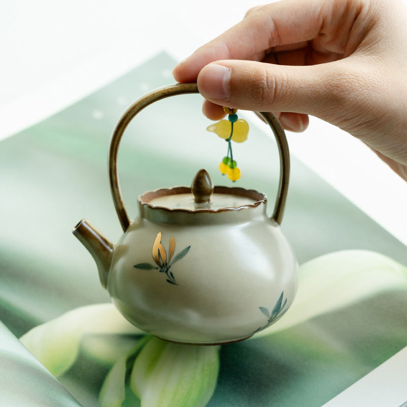 Authentic Antique Gilded Butterfly Orchid Lanfeng Beam-Handle Teapot - 240ml Gongfu Kettle