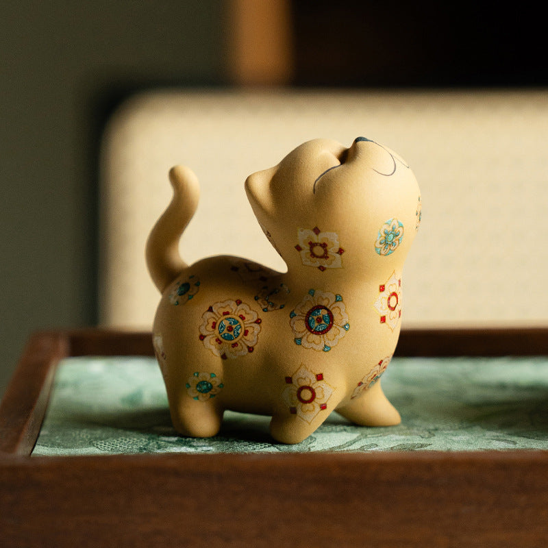 Authentic Golden Duan Clay Baoxiang Flora Sassy Kitten Ceramic Tea Pet - Desk & Tea Table Ornament
