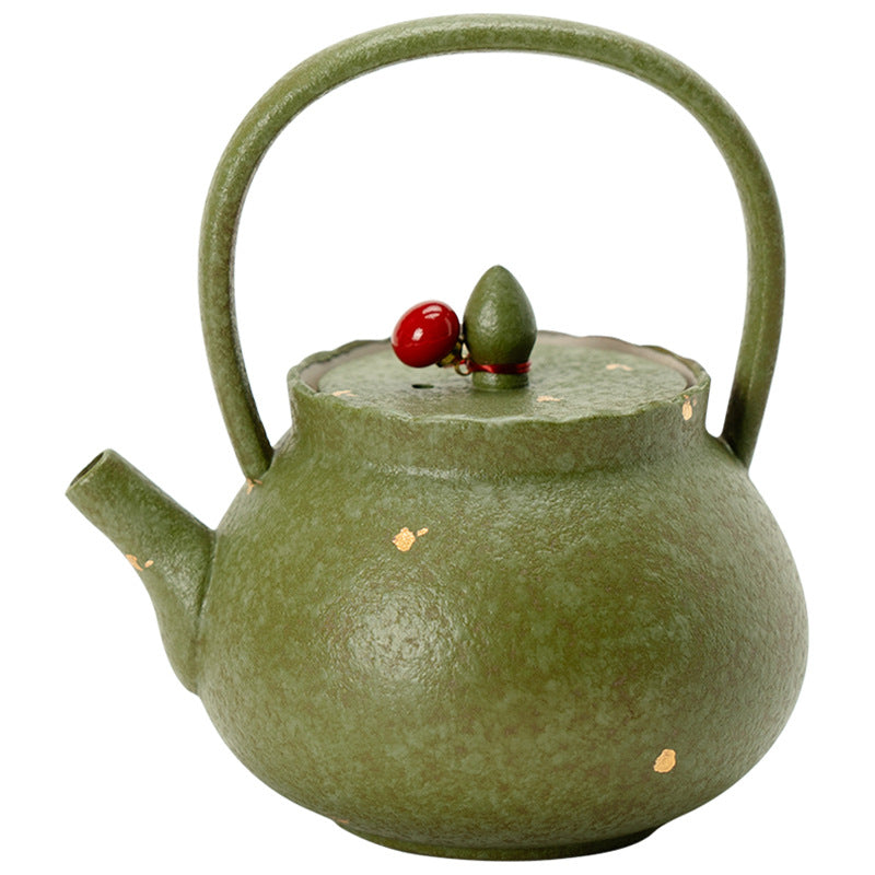 Authentic Cyan-Orange Gold-Fleck Lanfeng Beam-Handle Ceramic Teapot - 220ml Anti-Scald Pot