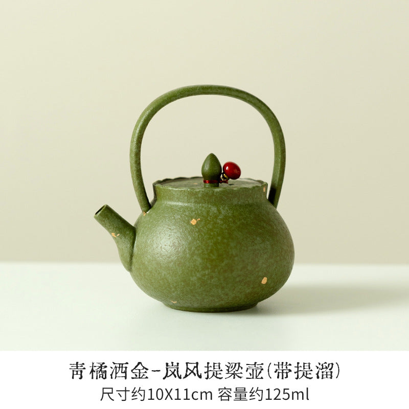 Authentic Cyan-Orange Gold-Fleck Lanfeng Beam-Handle Ceramic Teapot - 220ml Anti-Scald Pot