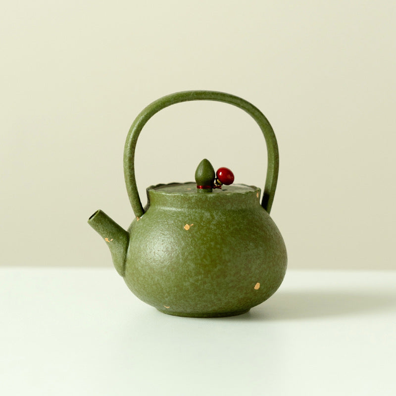 Authentic Cyan-Orange Gold-Fleck Lanfeng Beam-Handle Ceramic Teapot - 220ml Anti-Scald Pot