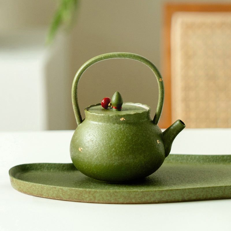 Authentic Cyan-Orange Gold-Fleck Lanfeng Beam-Handle Ceramic Teapot - 220ml Anti-Scald Pot