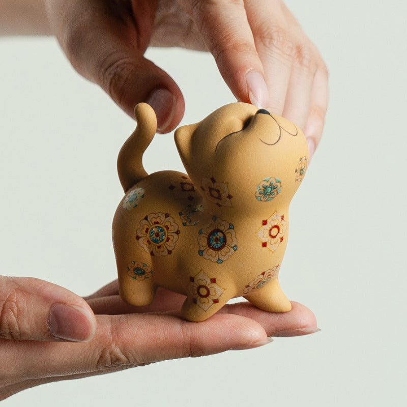Authentic Golden Duan Clay Baoxiang Flora Sassy Kitten Ceramic Tea Pet - Desk & Tea Table Ornament