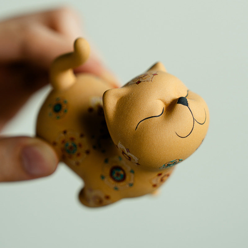 Authentic Golden Duan Clay Baoxiang Flora Sassy Kitten Ceramic Tea Pet - Desk & Tea Table Ornament