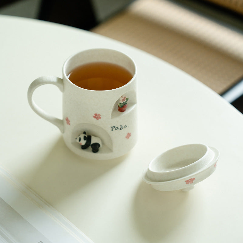 Authentic Rock Mineral White Sculpted Panda Yanqing Ceramic Mug with Lid - 350ml Dust-Proof Office Cup