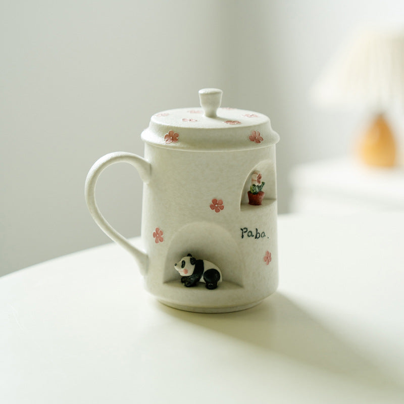 Authentic Rock Mineral White Sculpted Panda Yanqing Ceramic Mug with Lid - 350ml Dust-Proof Office Cup
