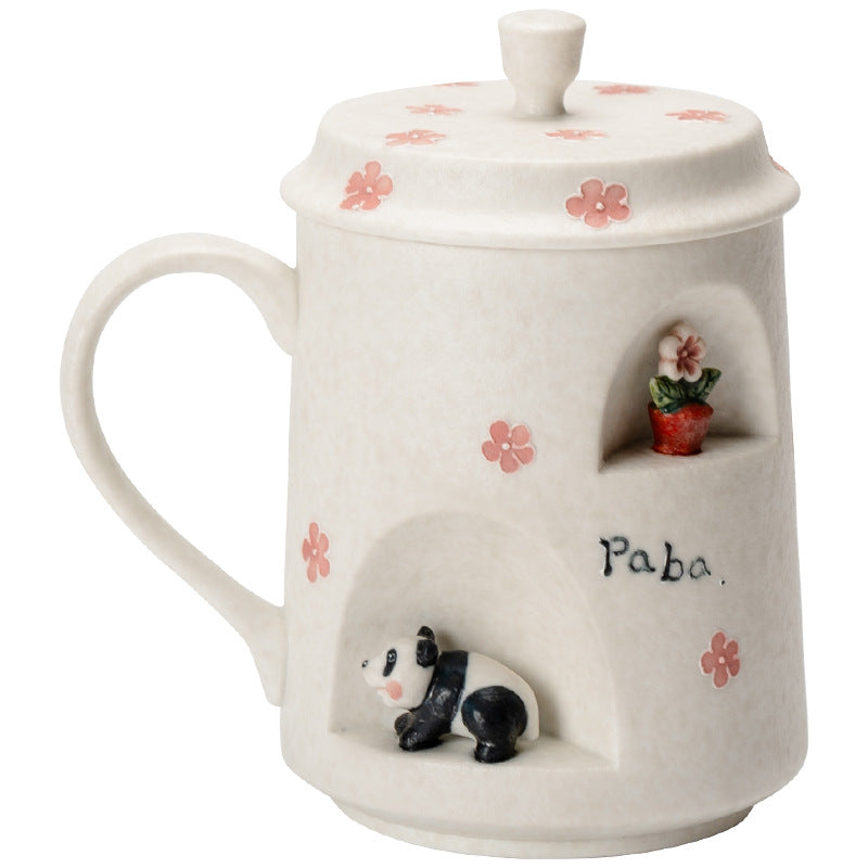 Authentic Rock Mineral White Sculpted Panda Yanqing Ceramic Mug with Lid - 350ml Dust-Proof Office Cup